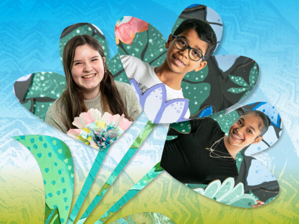 faces of three kids incorporated into an illustration of flowers blooming
